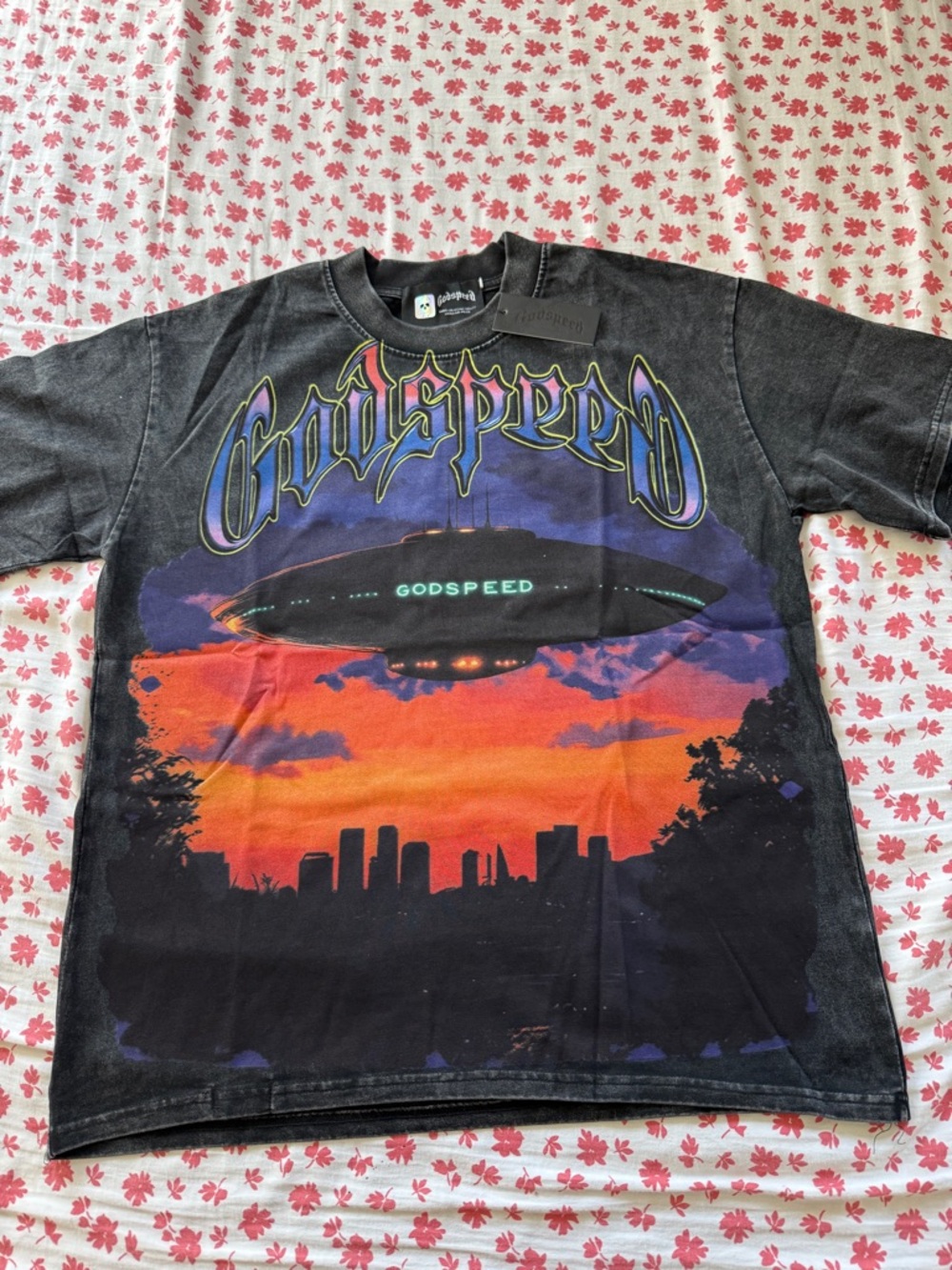 Godspeed - UFO Graphic Short Sleeve Tee - Black with Orange Sunset